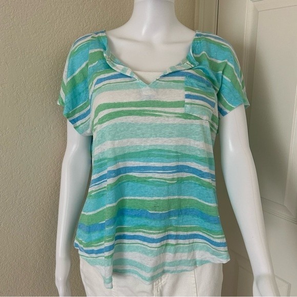 Lilly Pulitzer Duval notch Neckline Linen Seafoam Blue tee shirt blouse Size M - Picture 5 of 9